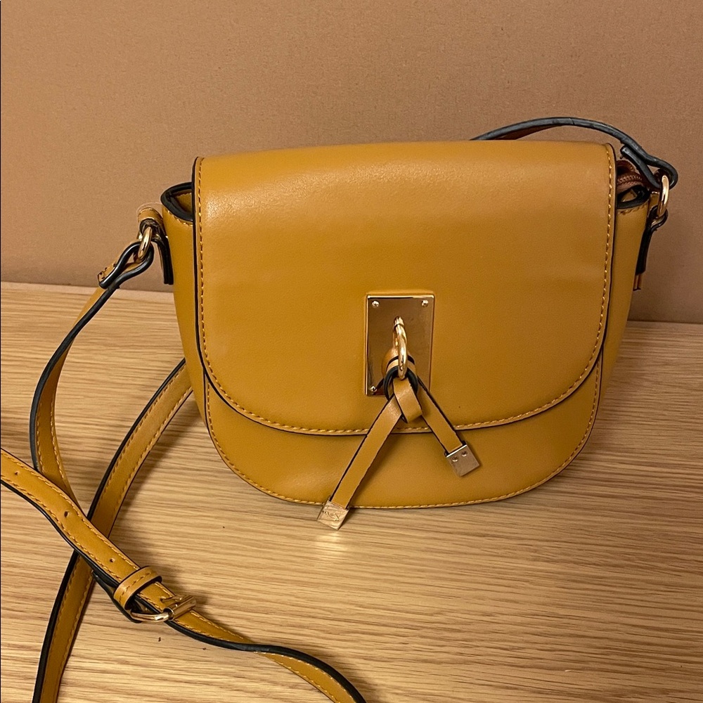 Mustard Yellow Leather Crossbody Bag with Gold Accent